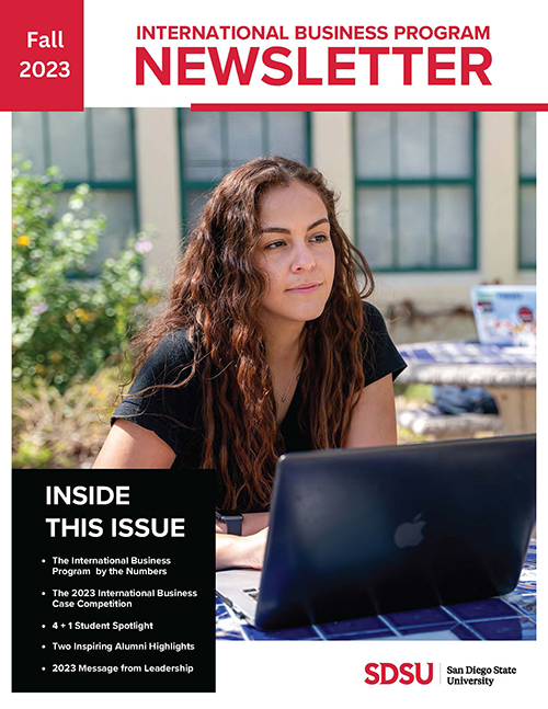 IIB newsletter fall 2023 cover - student sits outside with computer